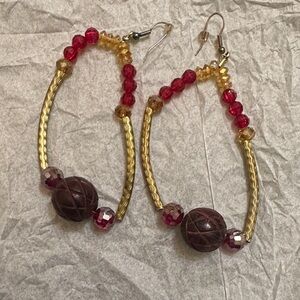 Handmade Elegant Gold and Red Beaded Earrings